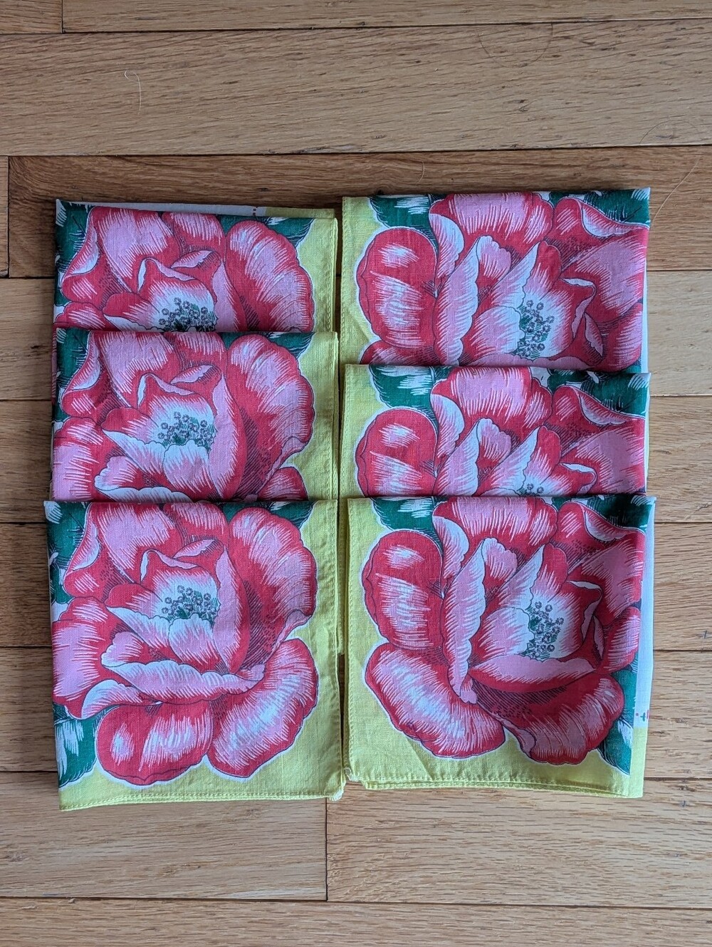 Vintage Floral Cotton Handkerchief Set Of Six Yellow with Pink Peony Print